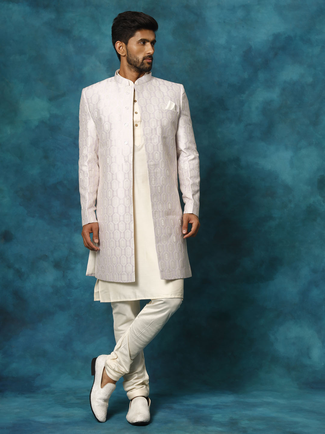 Purple Silk Blend Wedding Men's Indo Western Set