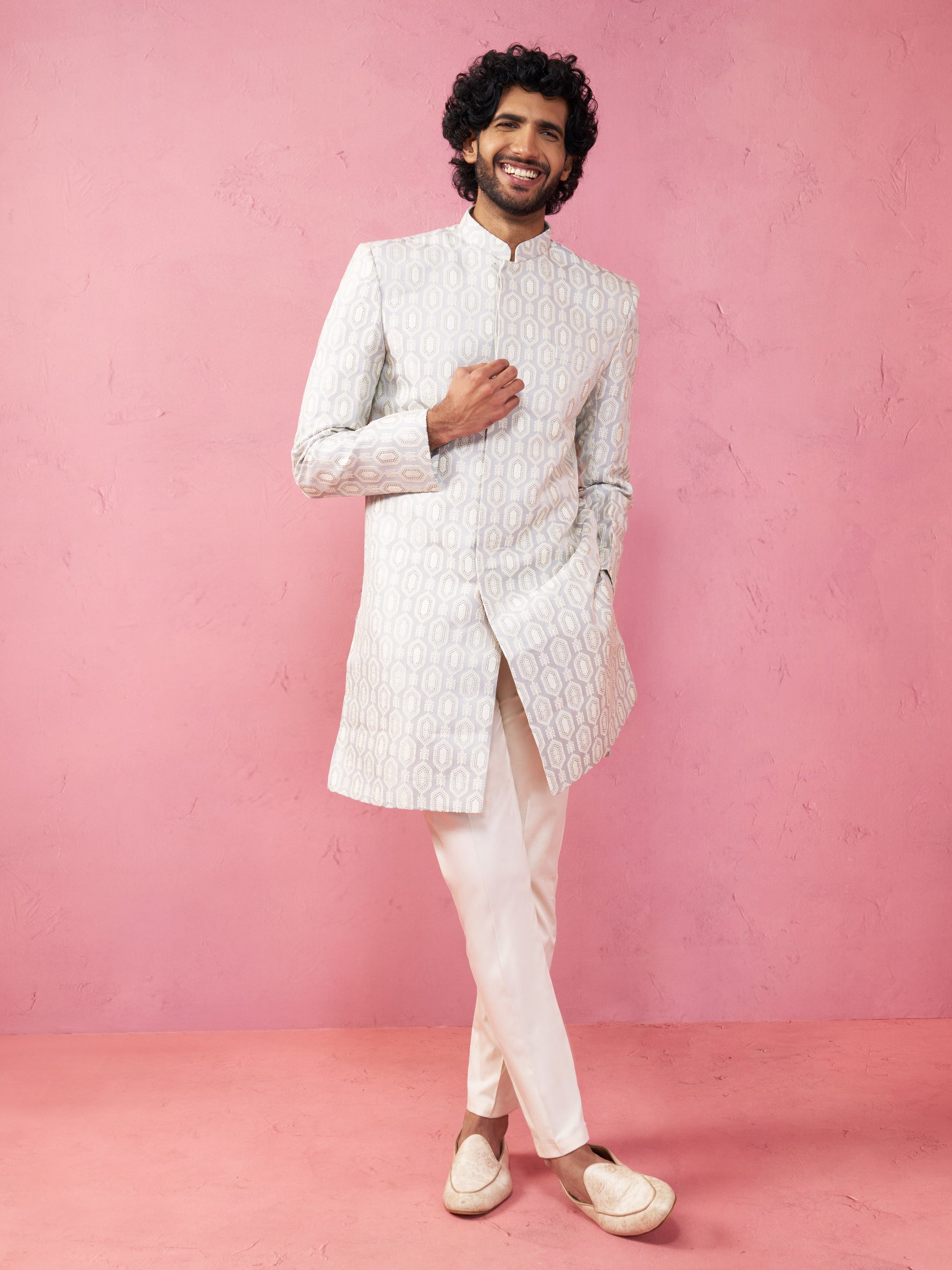 Purple Silk Blend Wedding Wear Men's Indo Western Set