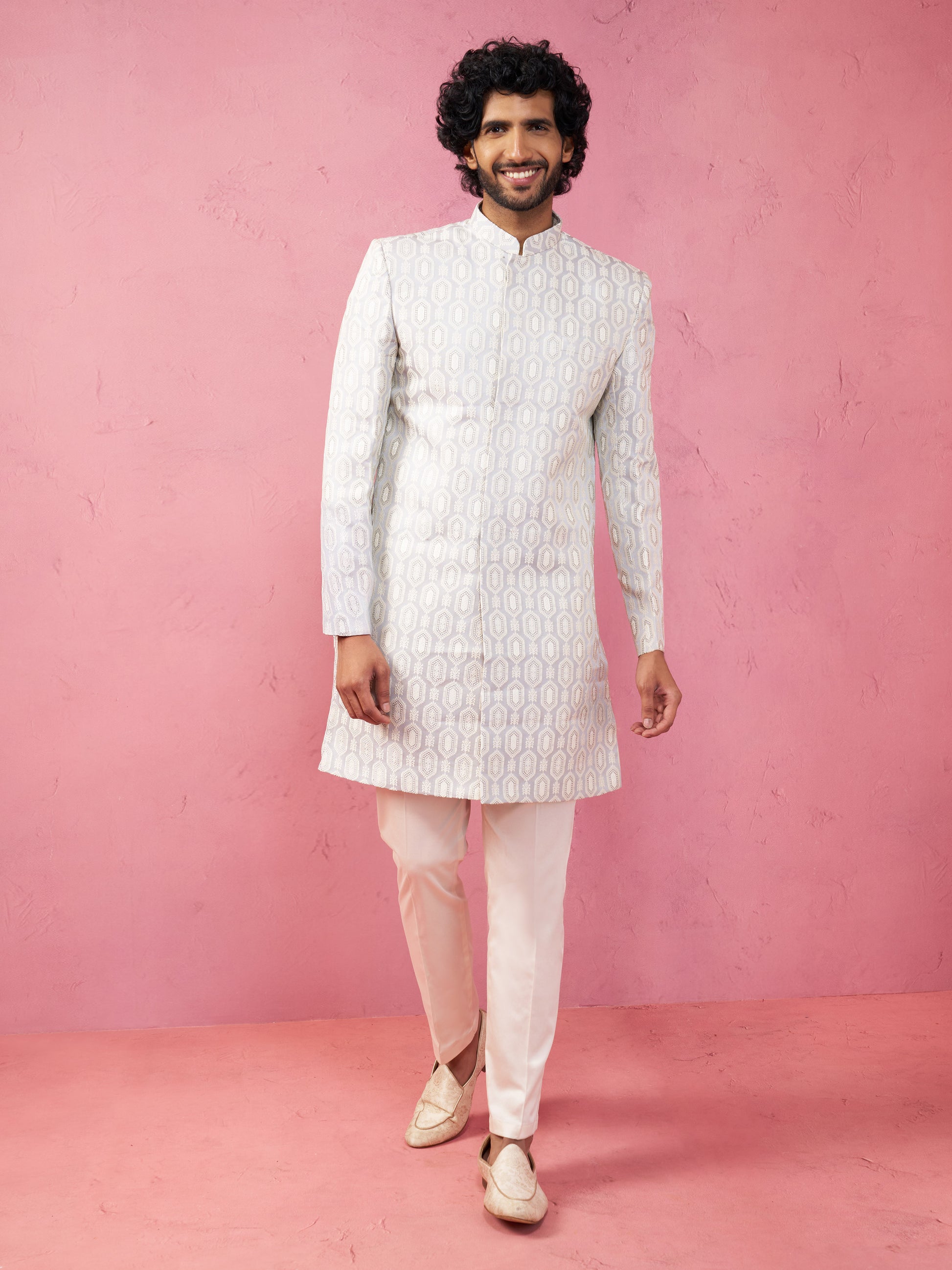 Purple Silk Blend Wedding Wear Men's Indo Western Set