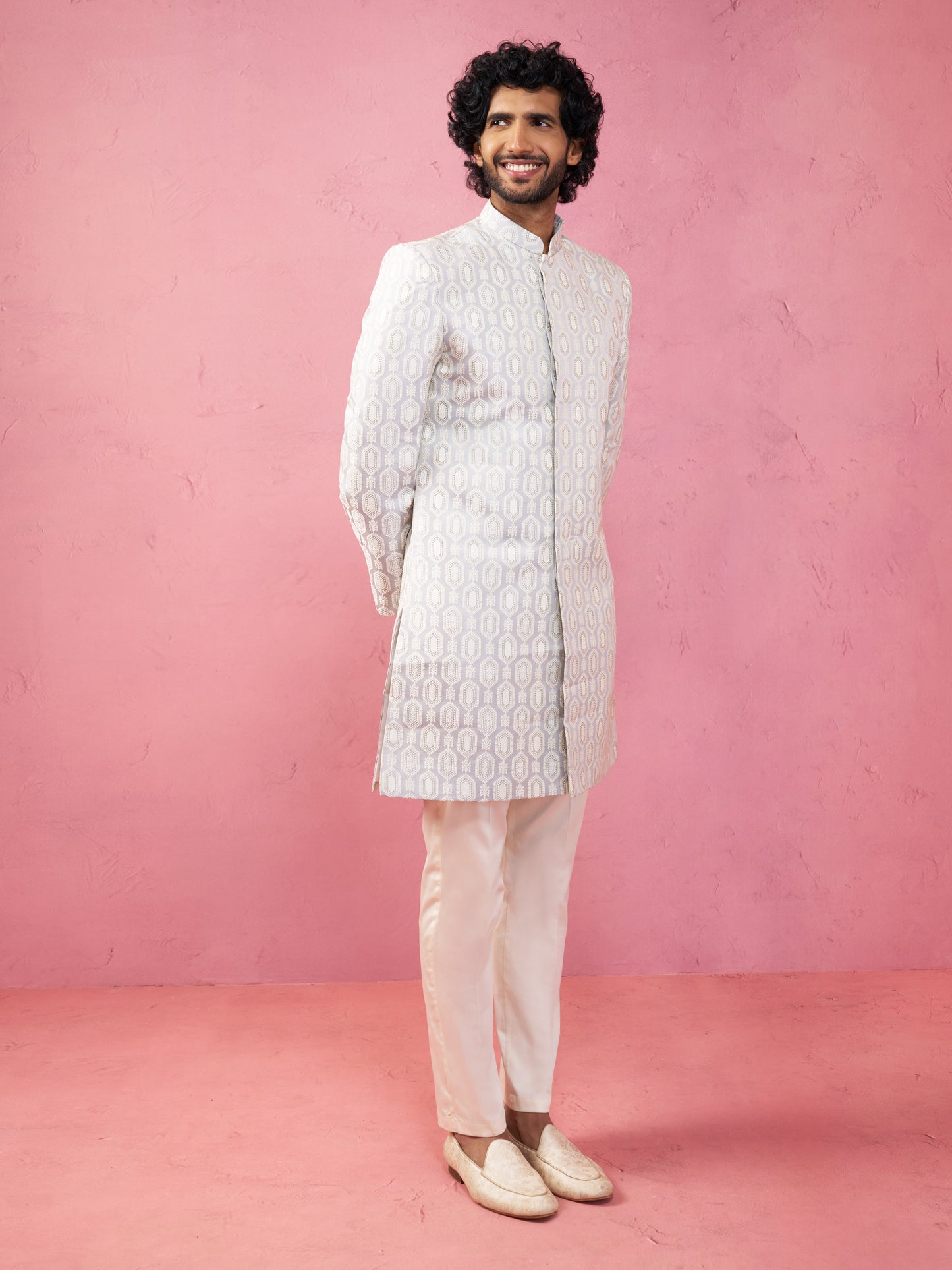 Purple Silk Blend Wedding Wear Men's Indo Western Set
