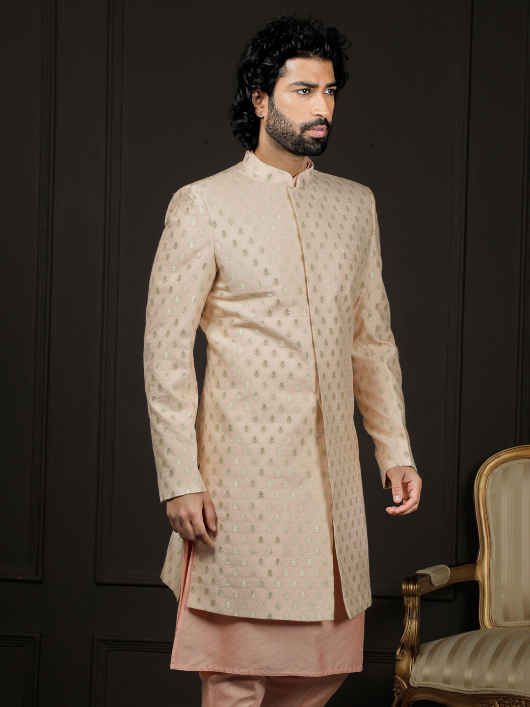 Peach Silk Blend Wedding Men's Indo Western