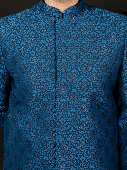 Turquoise Silk Blend Wedding Men's Indo Western Set