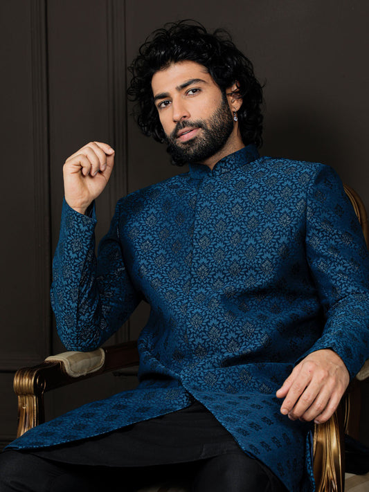 Turquoise Silk Blend Wedding Men's Indo Western Set