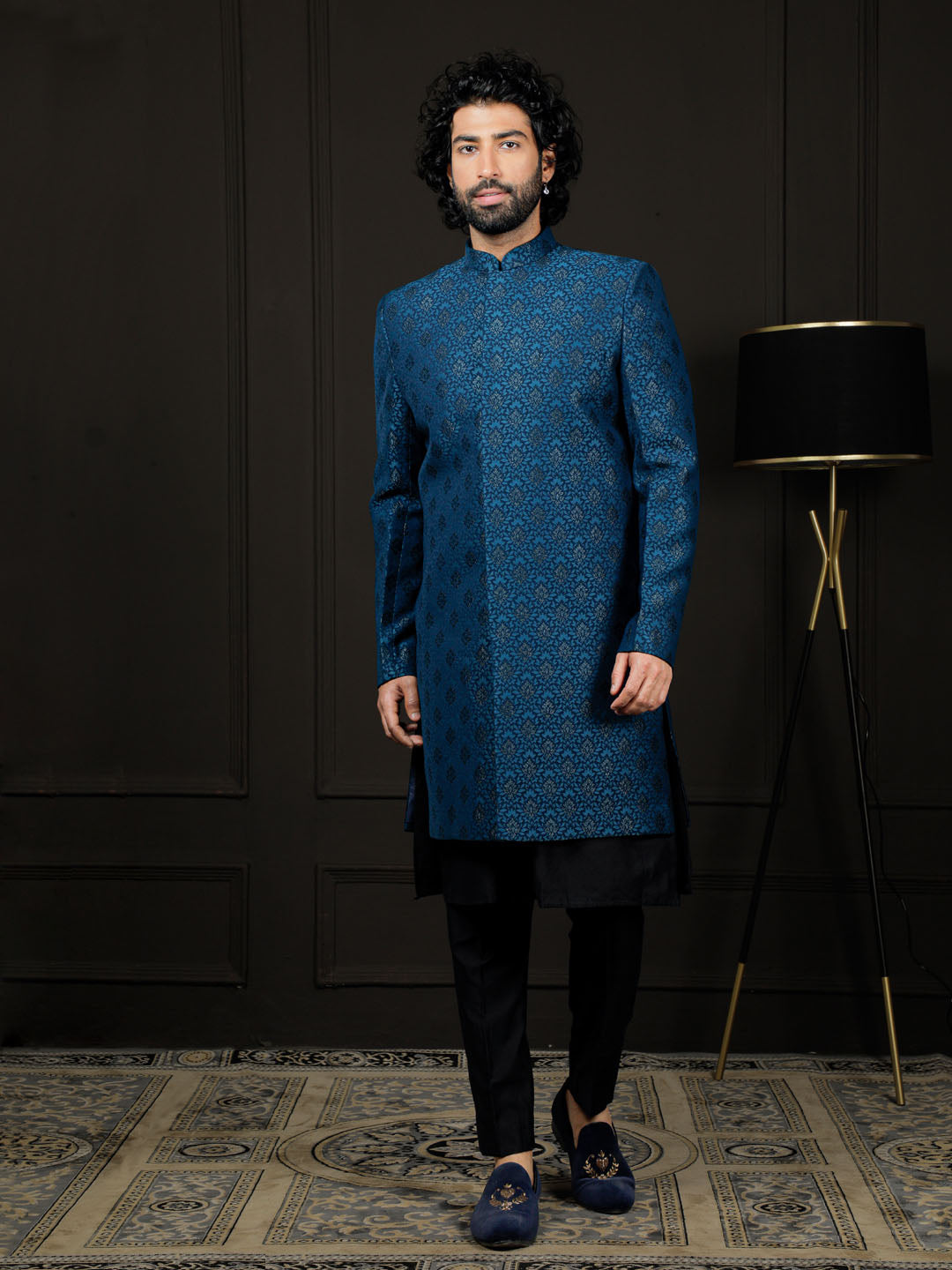 Turquoise Silk Blend Wedding Men's Indo Western Set