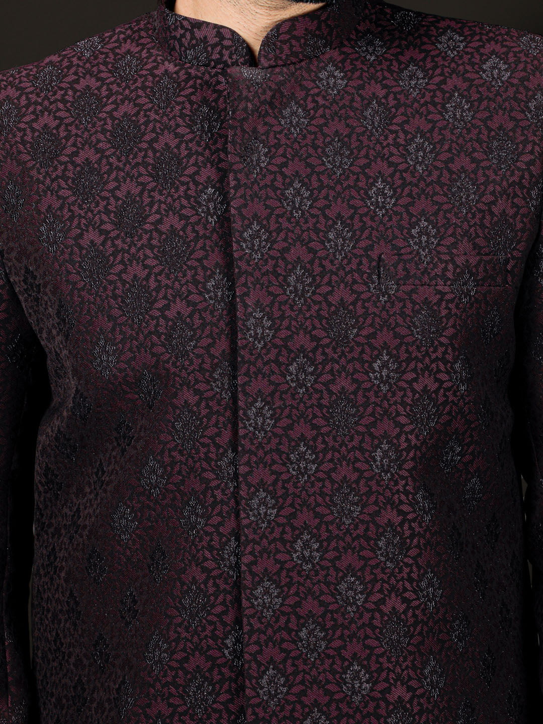 Wine Silk Blend Wedding Wear Men's Indo Western Set