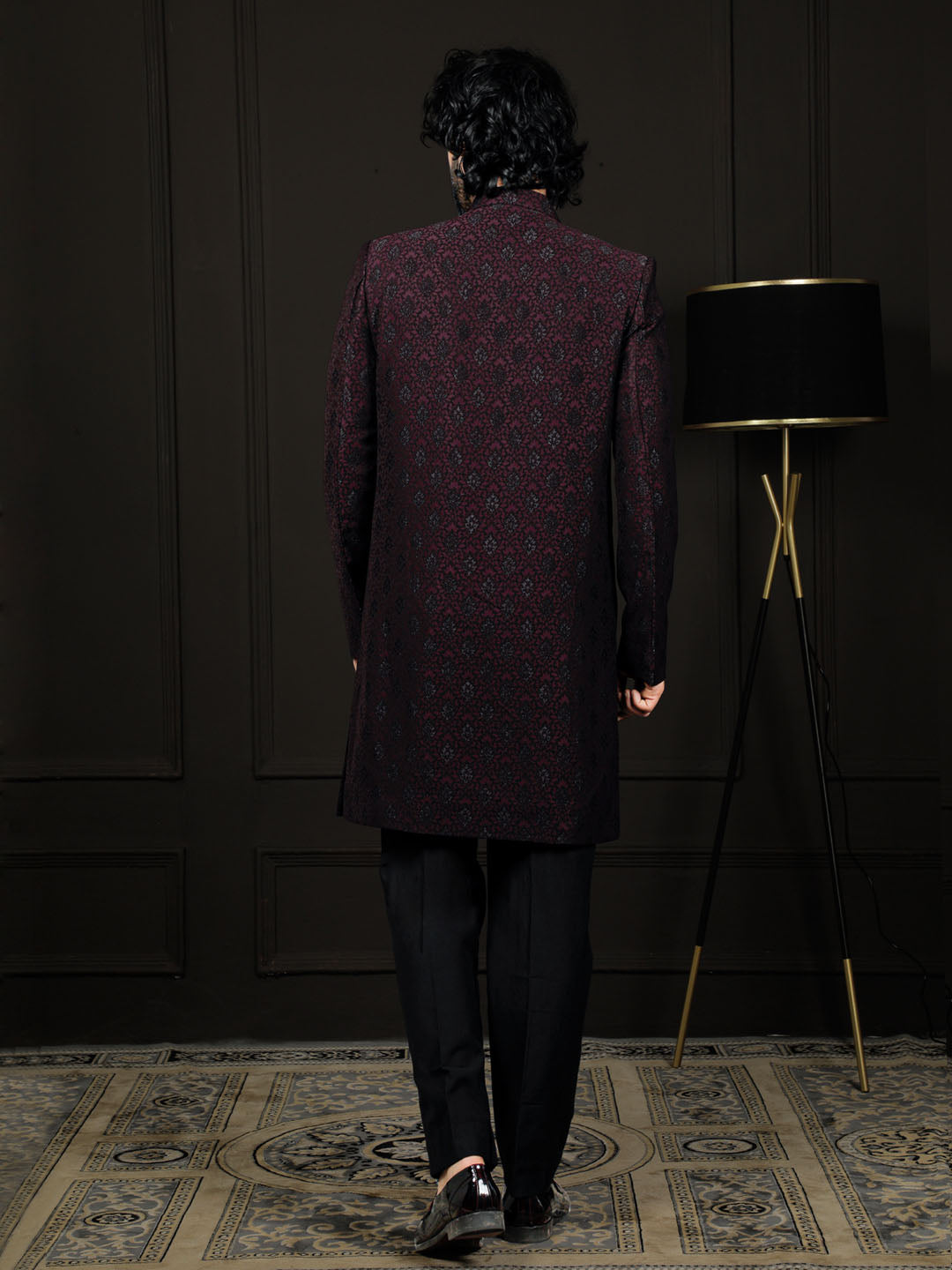 Wine Silk Blend Wedding Wear Men's Indo Western Set
