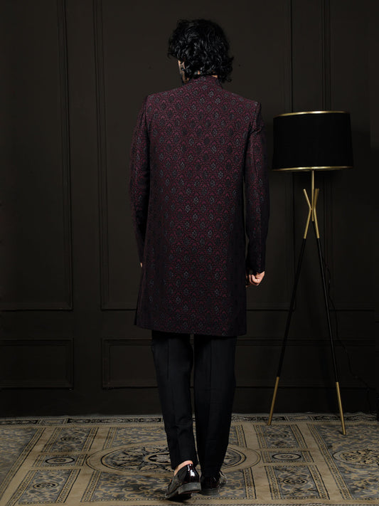 Wine Silk Blend Wedding Wear Men's Indo Western Set
