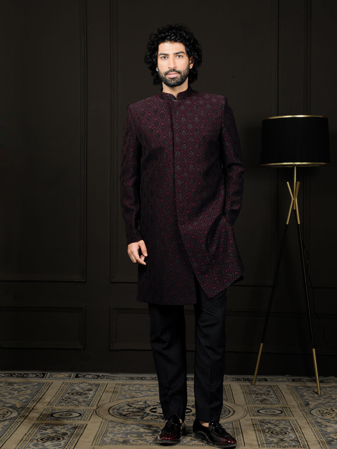 Wine Silk Blend Wedding Wear Men's Indo Western Set