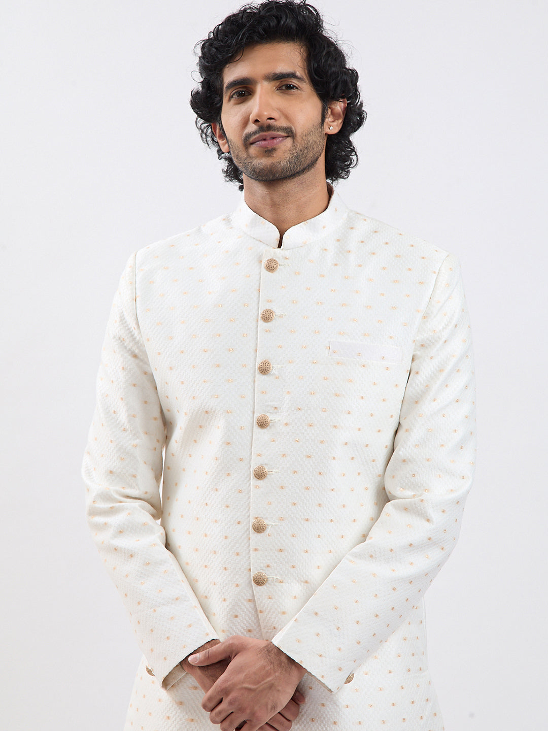 Cream Silk Blend Wedding Men's Indo Western Set