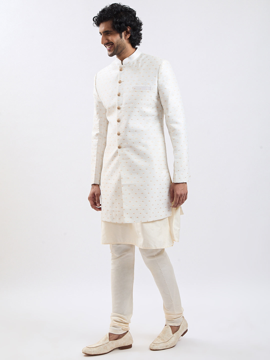 Cream Silk Blend Wedding Men's Indo Western Set