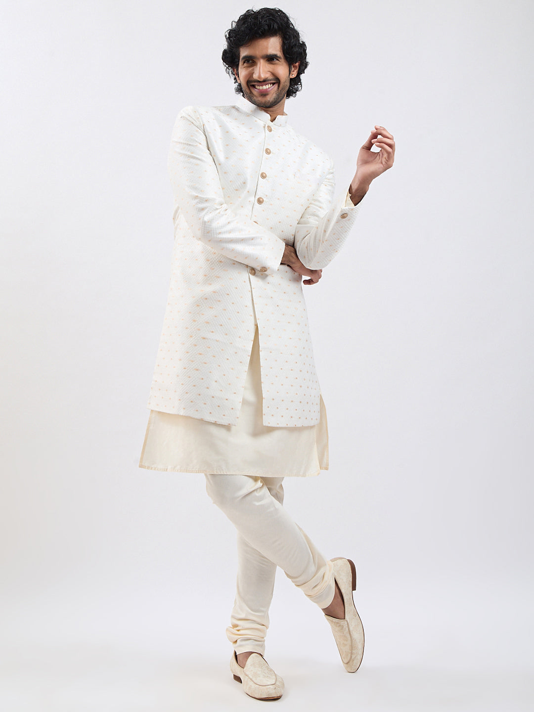 Cream Silk Blend Wedding Men's Indo Western Set