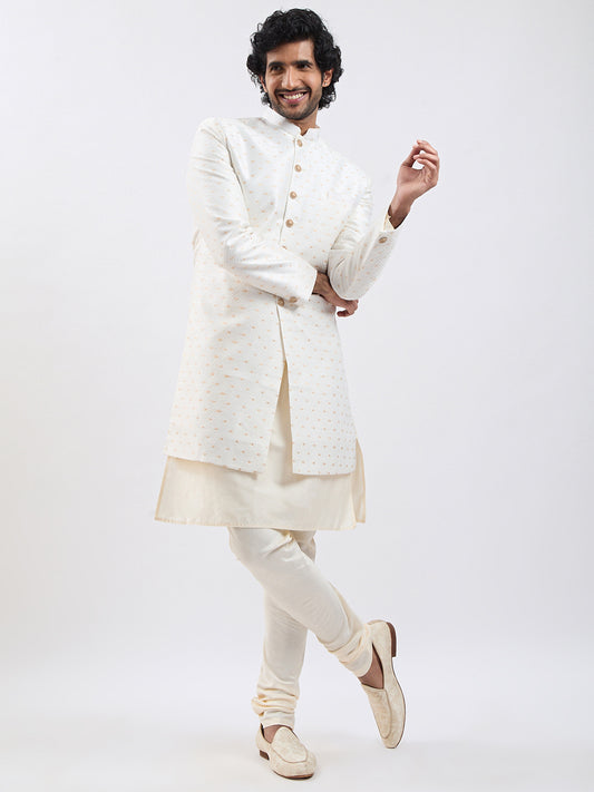 Cream Silk Blend Wedding Men's Indo Western Set
