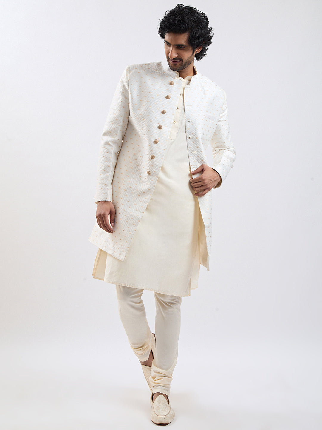 Cream Silk Blend Wedding Men's Indo Western Set