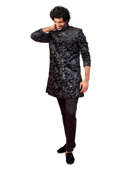 Stunning Black Silk Blend Wedding Men's Indo Western Set
