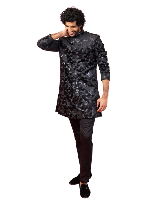 Stunning Black Silk Blend Wedding Men's Indo Western Set