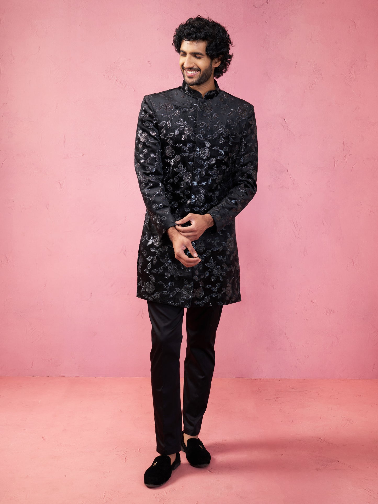 Stunning Black Silk Blend Wedding Men's Indo Western Set