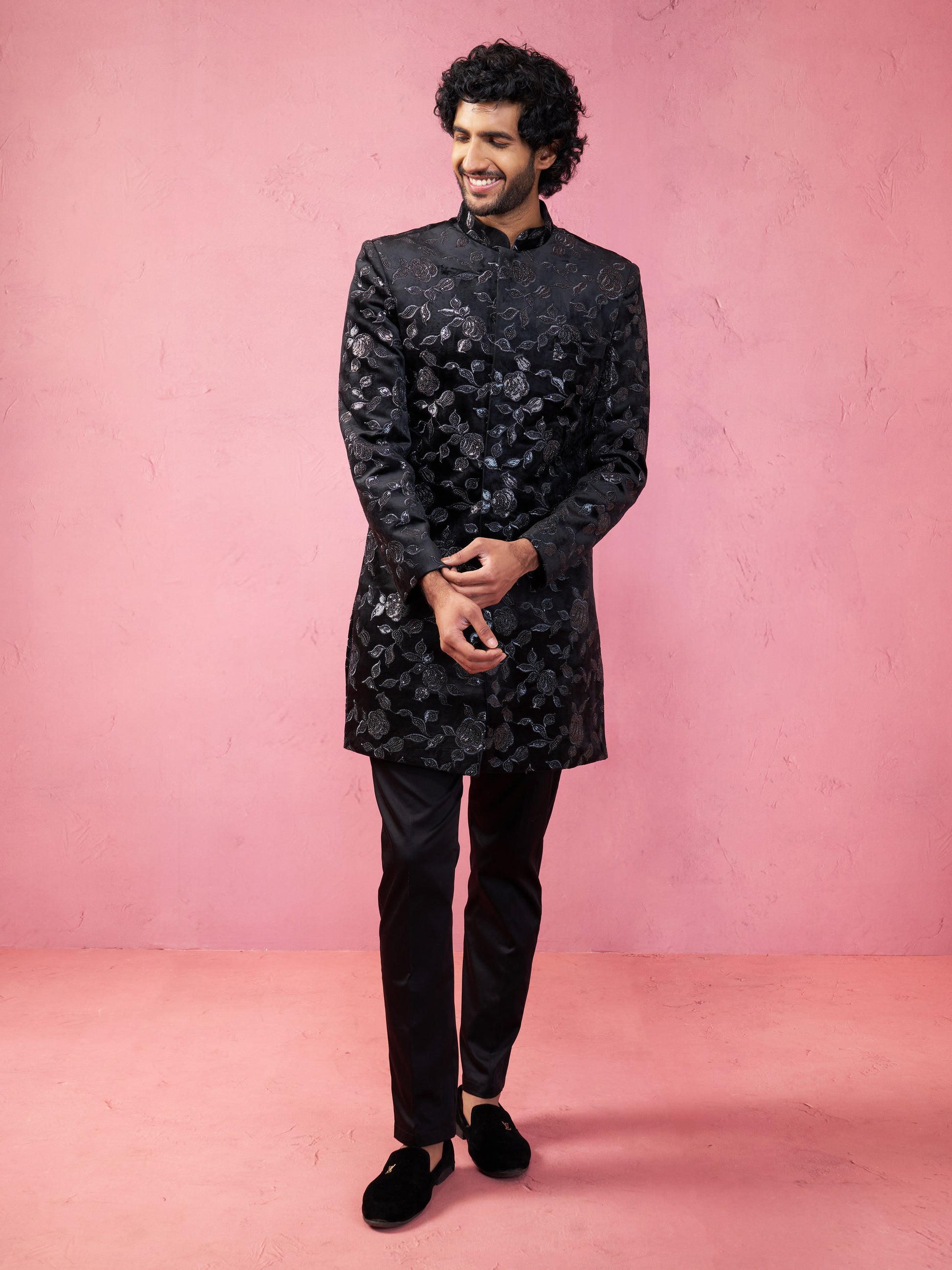 Stunning Black Silk Blend Wedding Men's Indo Western Set