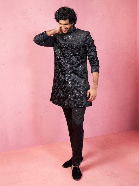 Stunning Black Silk Blend Wedding Men's Indo Western Set