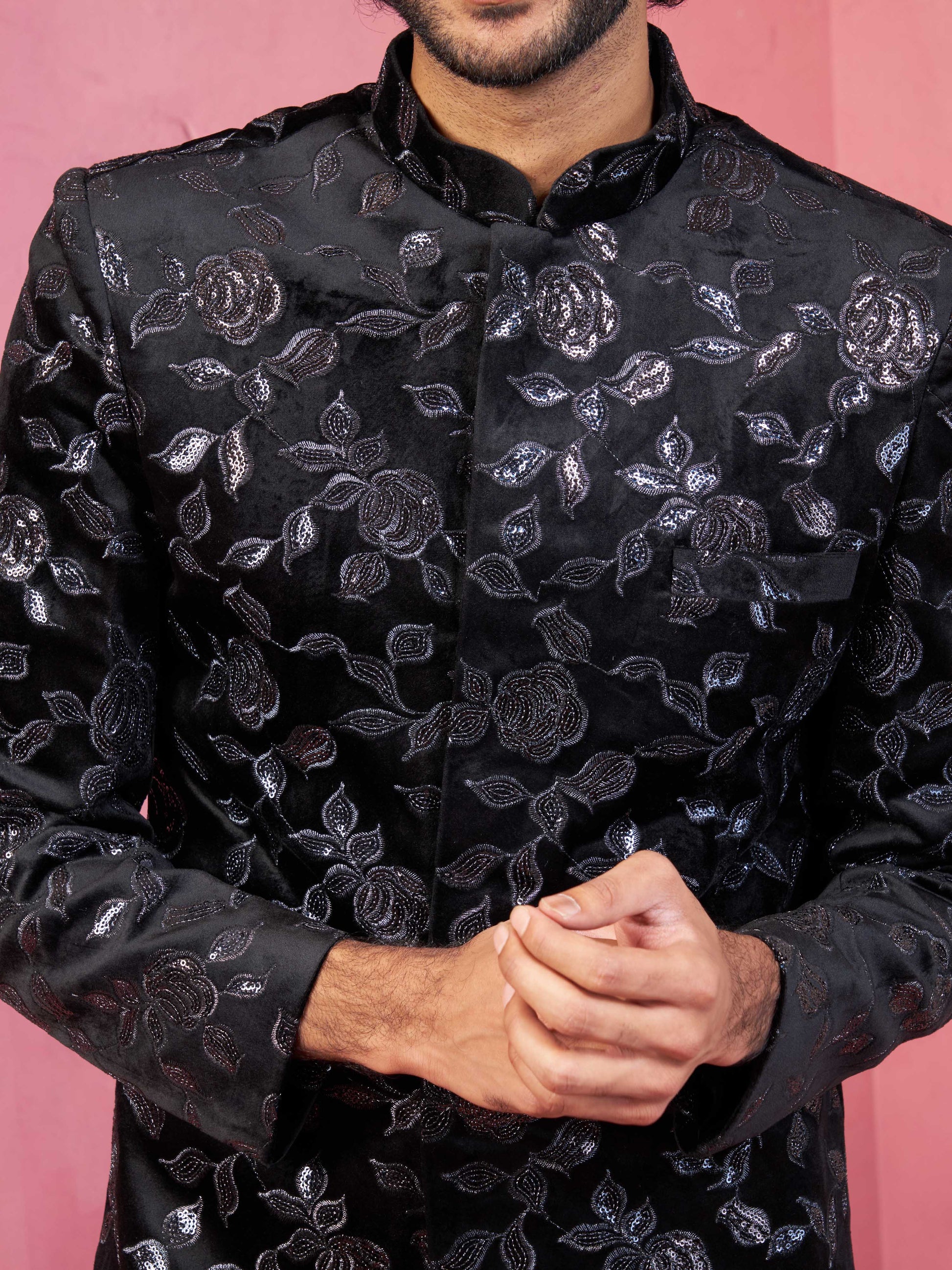 Stunning Black Silk Blend Wedding Men's Indo Western Set