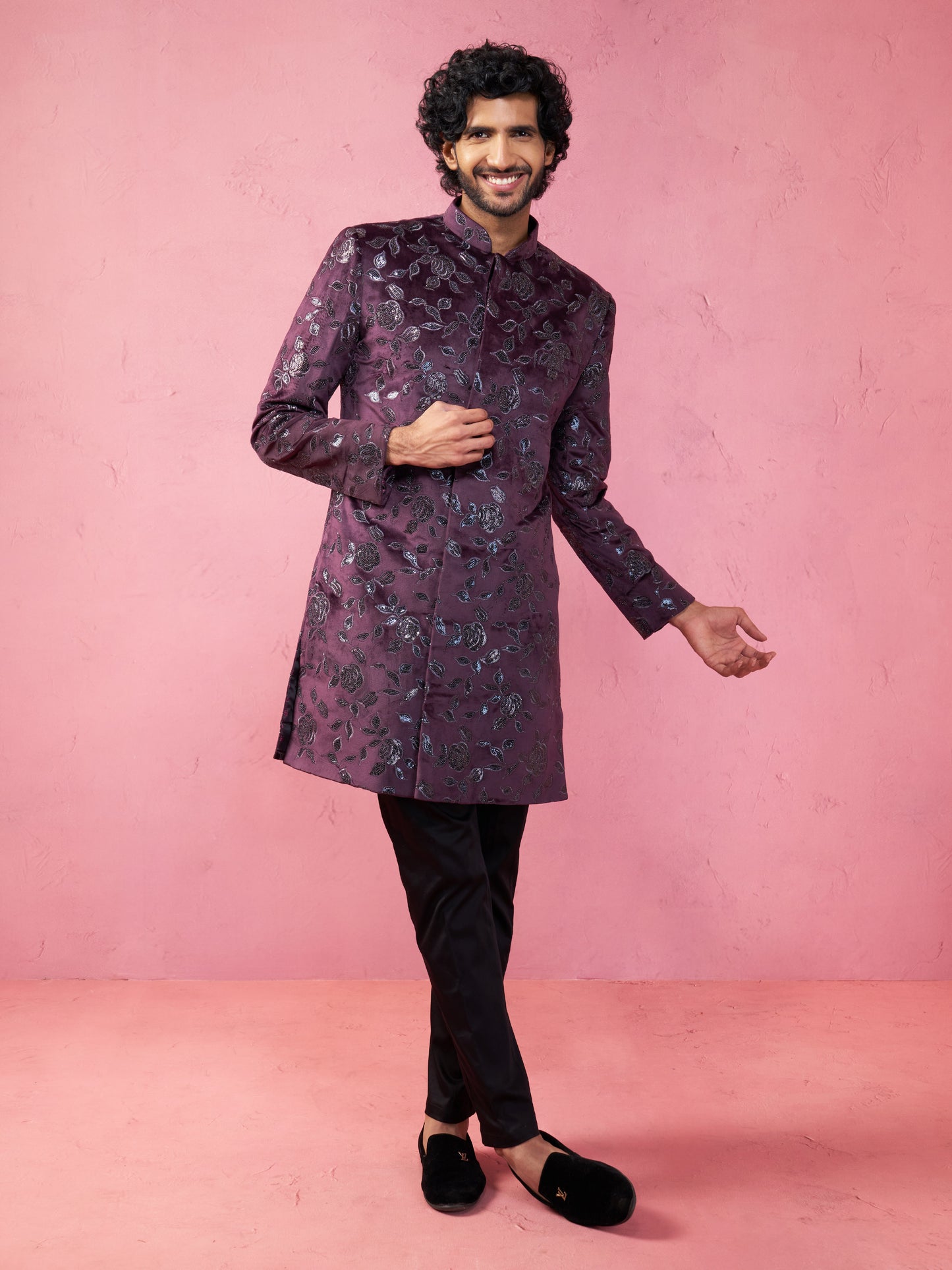 Maroon Silk Blend Wedding Men's Indo Western Set