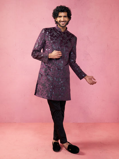 Maroon Silk Blend Wedding Men's Indo Western Set