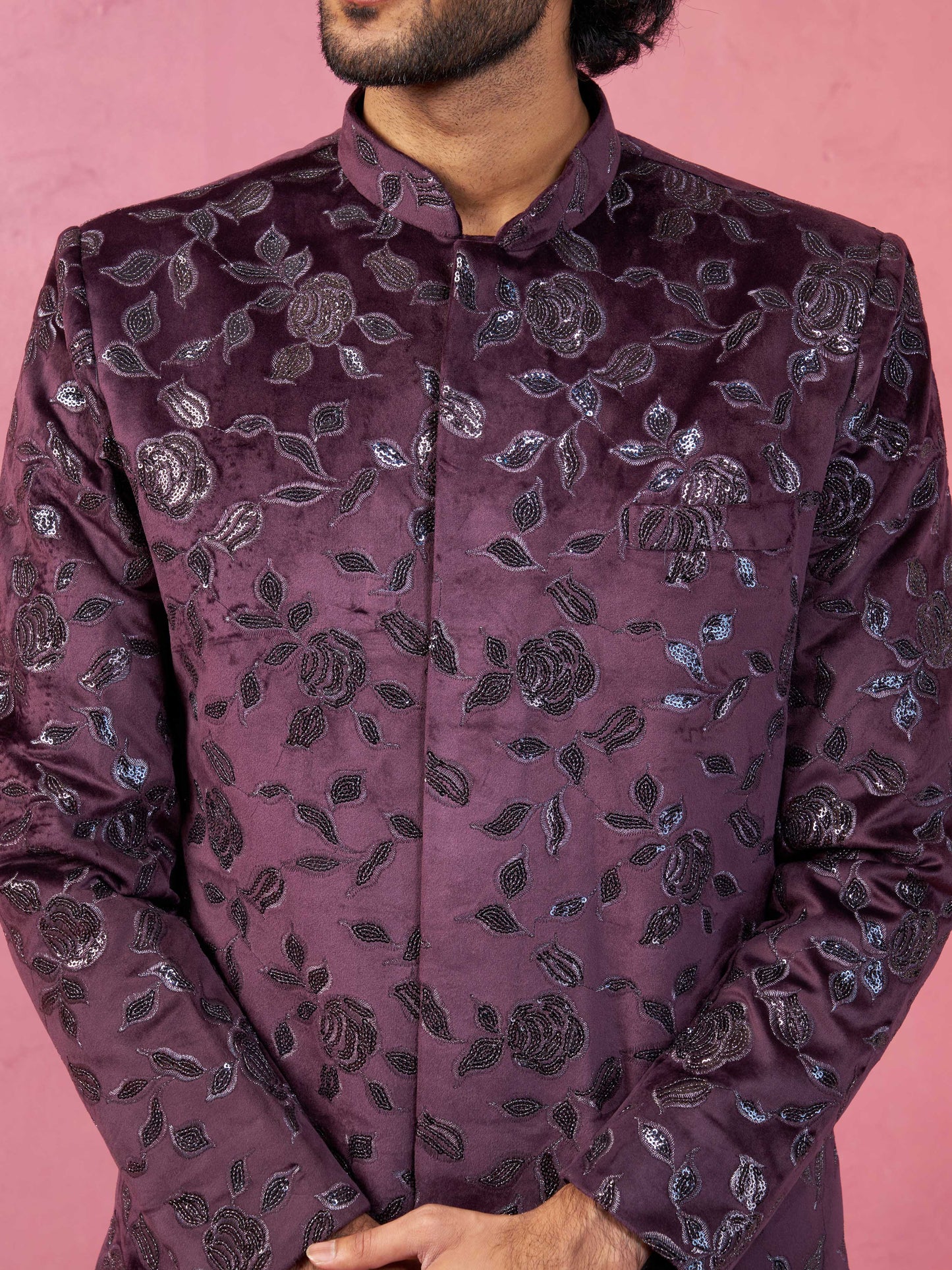 Maroon Silk Blend Wedding Men's Indo Western Set