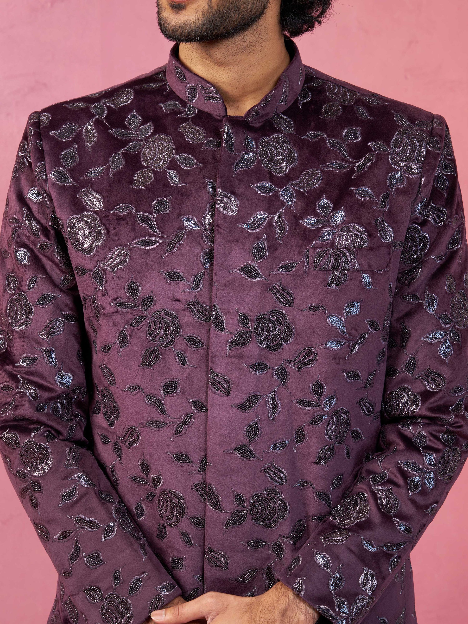 Maroon Silk Blend Wedding Men's Indo Western Set