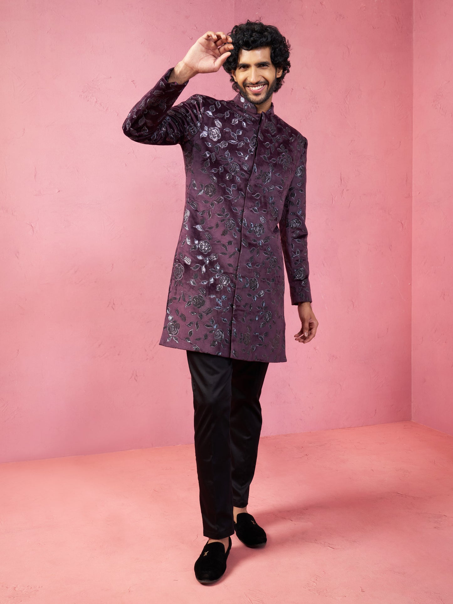 Maroon Silk Blend Wedding Men's Indo Western Set