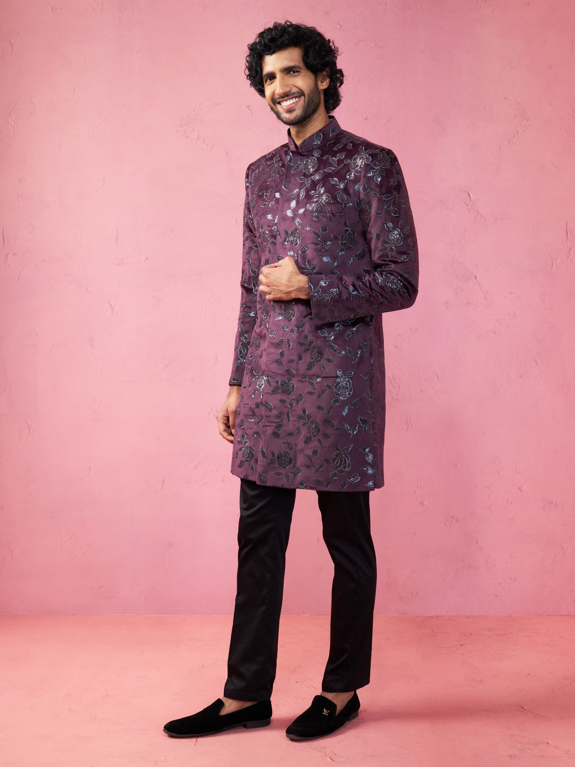 Maroon Silk Blend Wedding Men's Indo Western Set