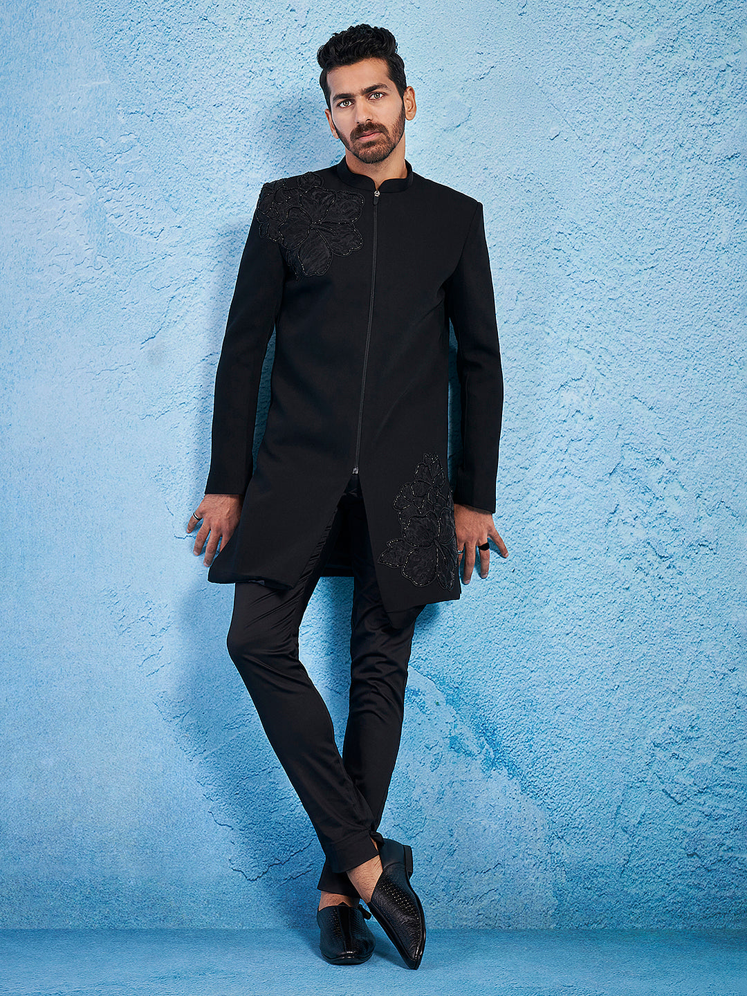 Black Silk Blend Wedding Men's Indo Western Set