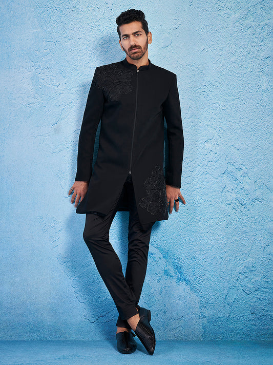 Black Silk Blend Wedding Men's Indo Western Set