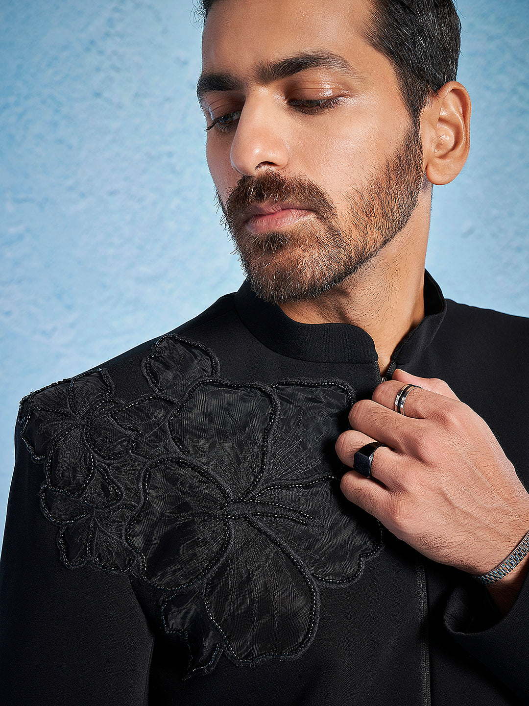 Black Silk Blend Wedding Men's Indo Western Set