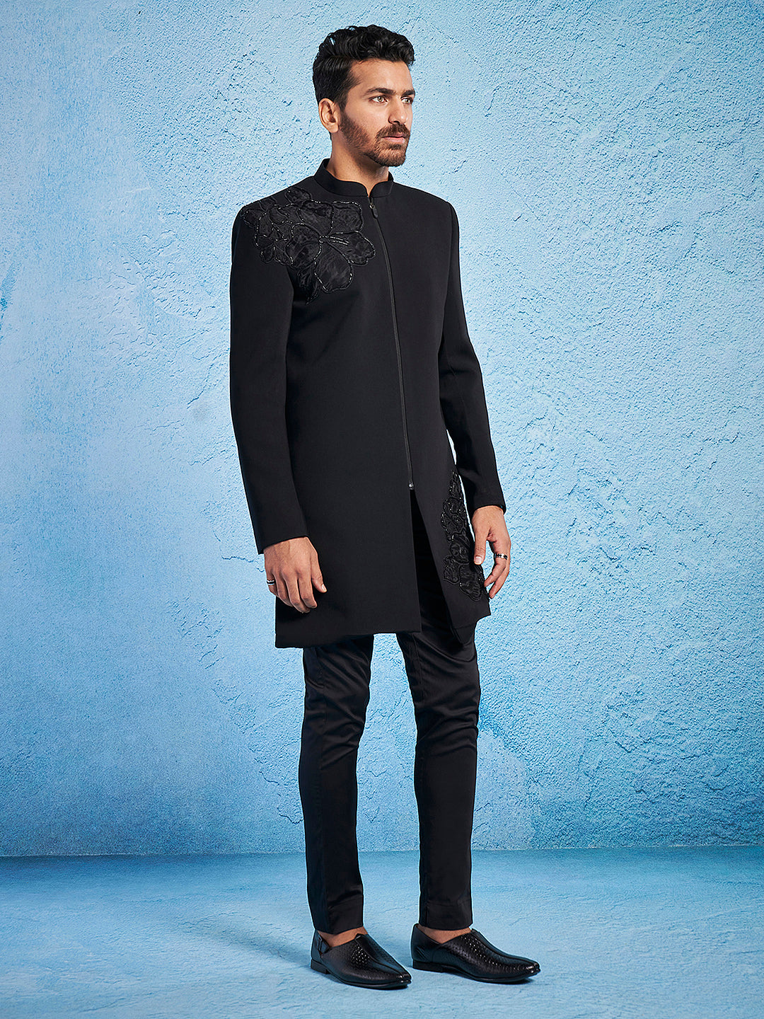 Black Silk Blend Wedding Men's Indo Western Set