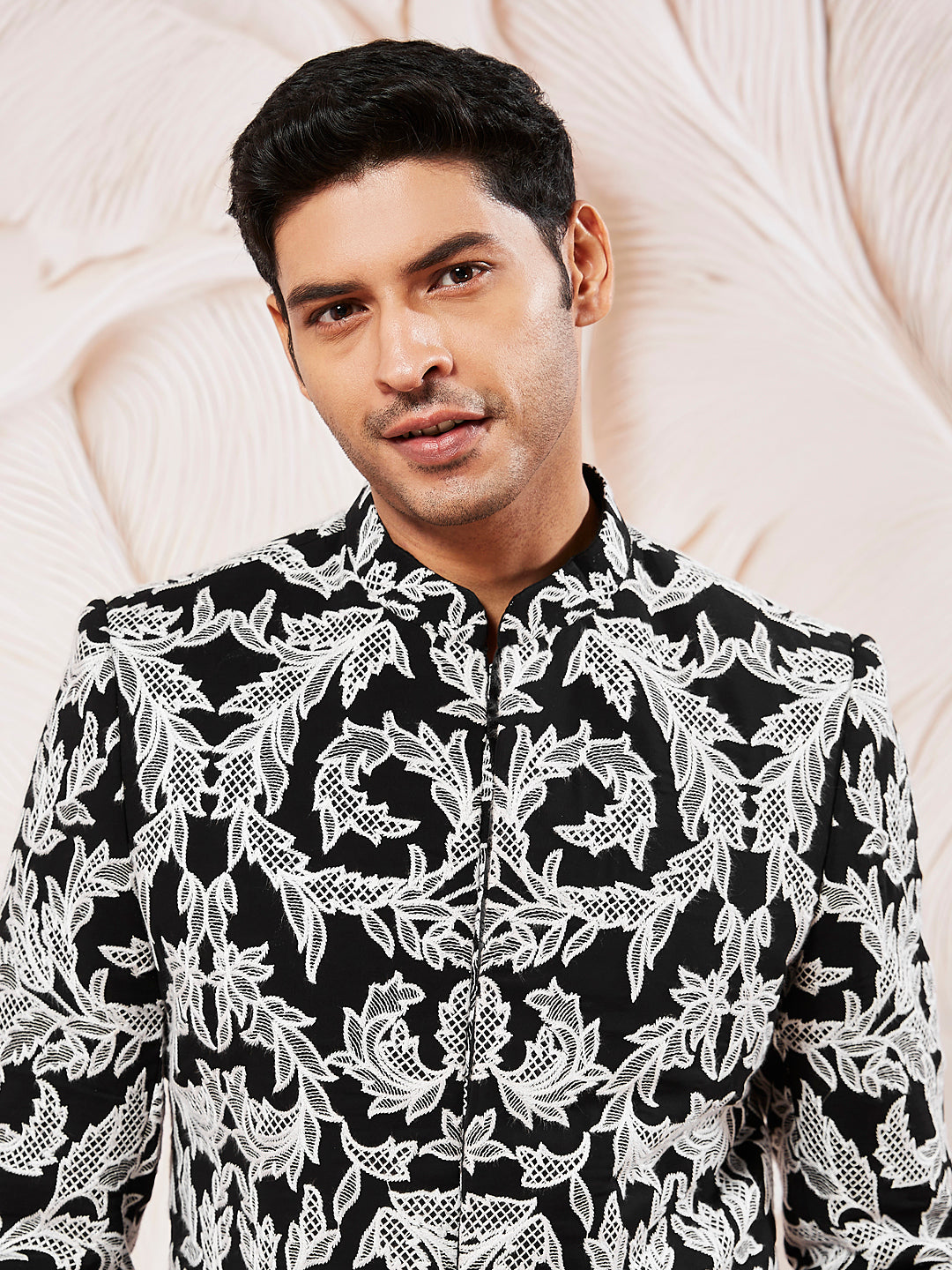 Black Silk Blend Wedding Wear Men's Indo Western Set