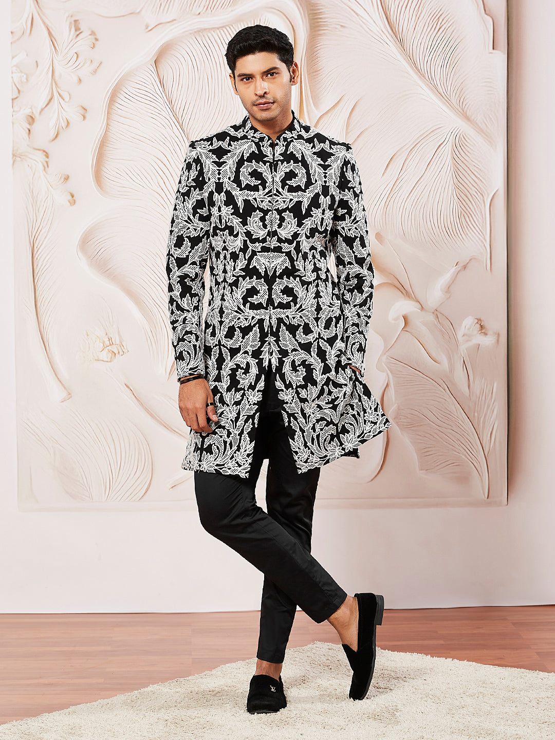 Black Silk Blend Wedding Wear Men's Indo Western Set