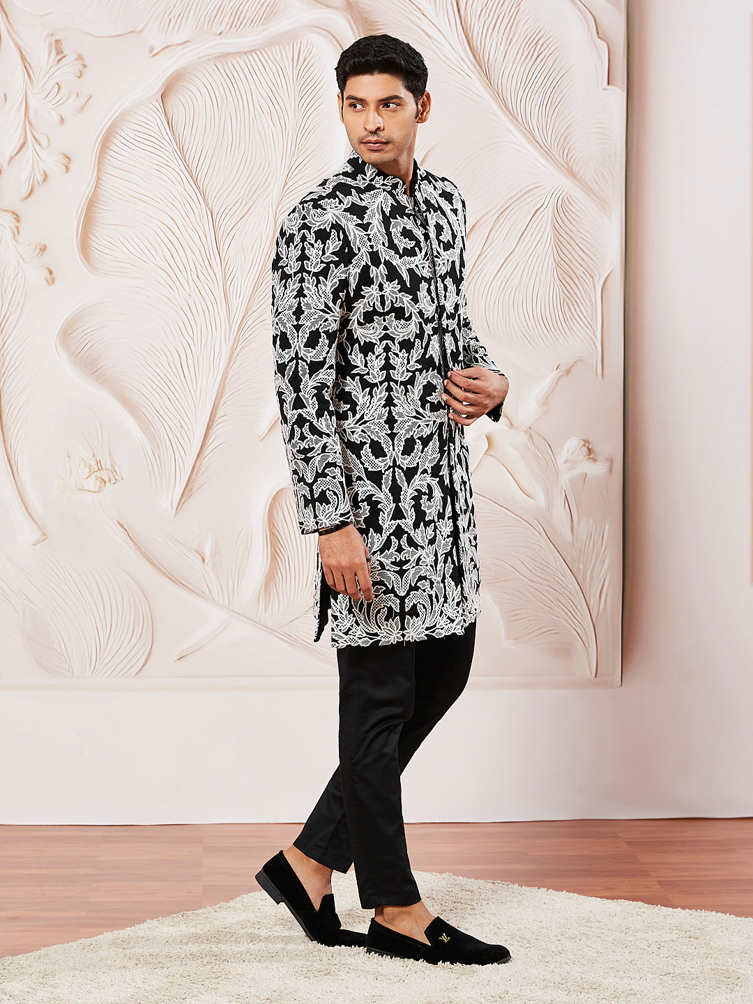 Black Silk Blend Wedding Wear Men's Indo Western Set