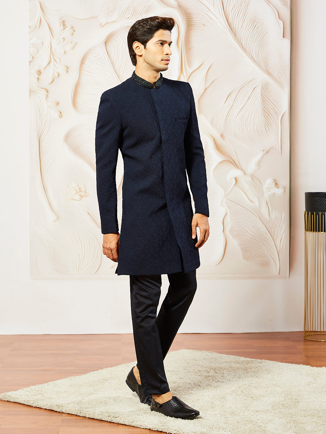 Navy Blue Silk Blend Wedding Men's Indo Western Set