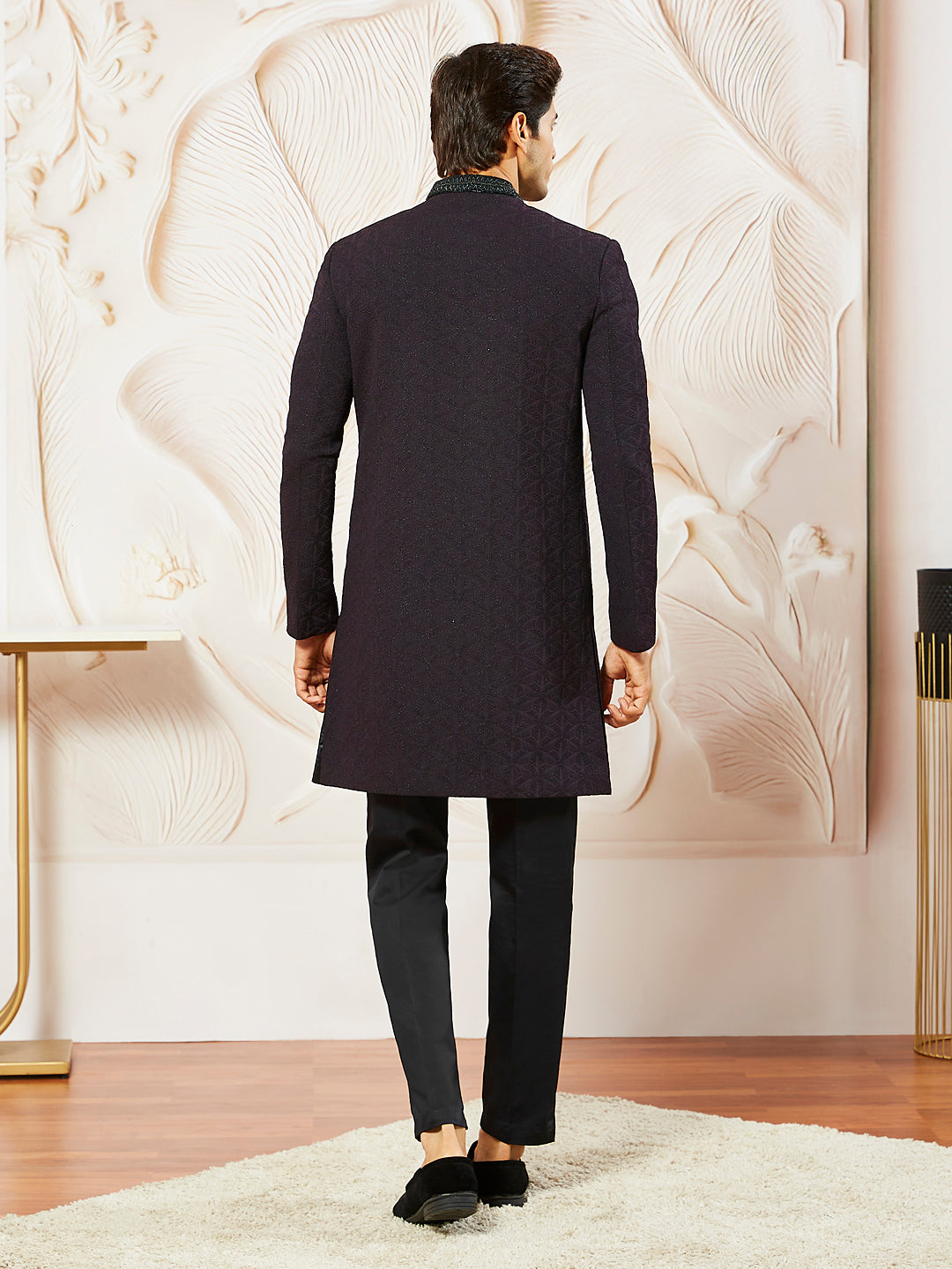 Wine Silk Blend Wedding Men's Indo Western Set