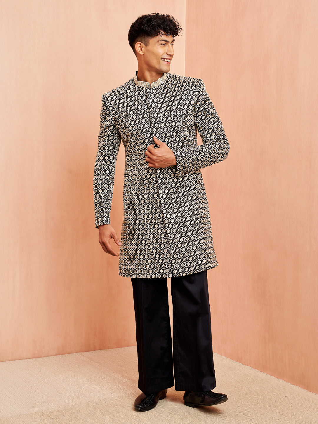 Black Stunning Silk Blend Wedding Men's Indo Western Set