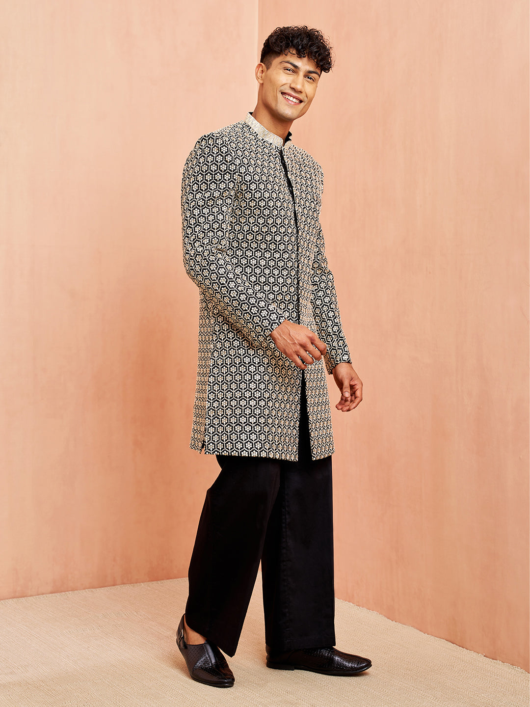 Black Stunning Silk Blend Wedding Men's Indo Western Set