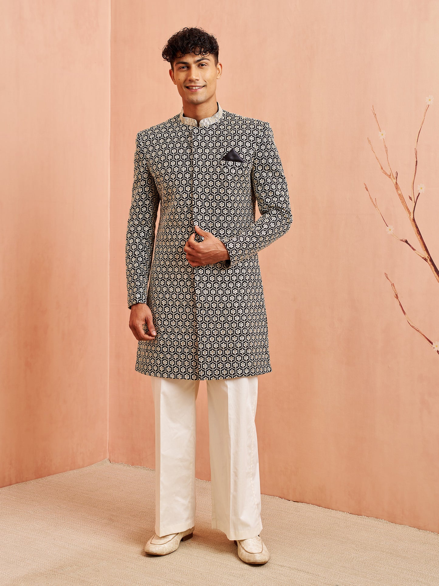 Stylist Black Silk Blend Wedding Men's Indo Western Set