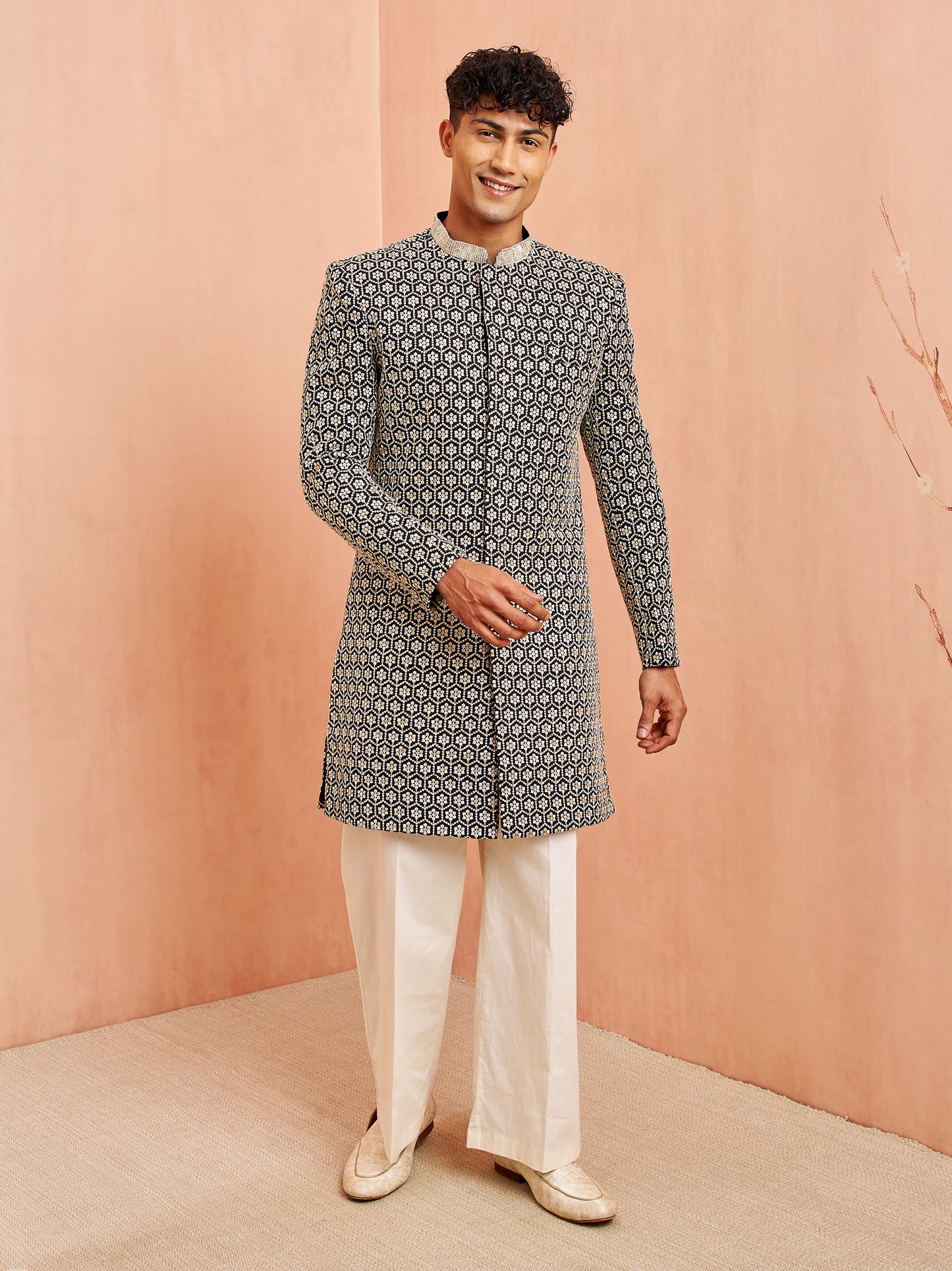 Stylist Black Silk Blend Wedding Men's Indo Western Set