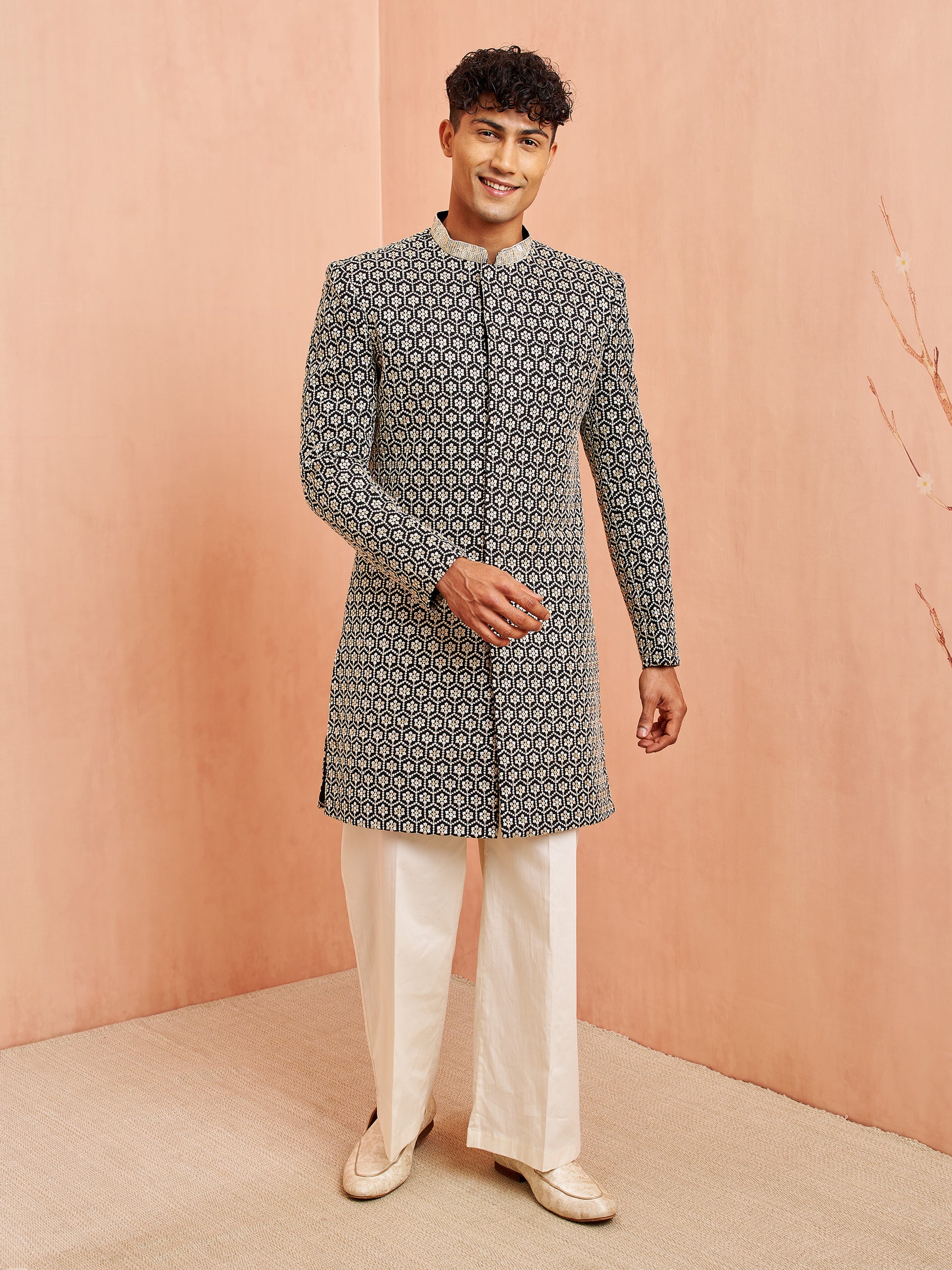 Stylist Black Silk Blend Wedding Men's Indo Western Set
