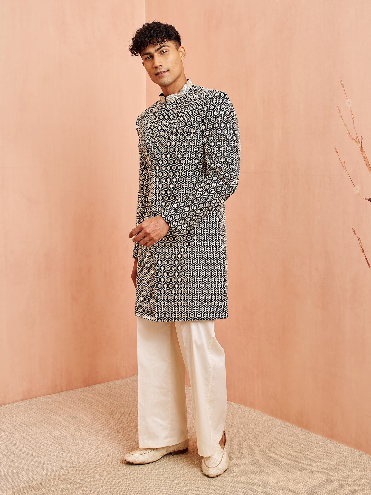 Stylist Black Silk Blend Wedding Men's Indo Western Set