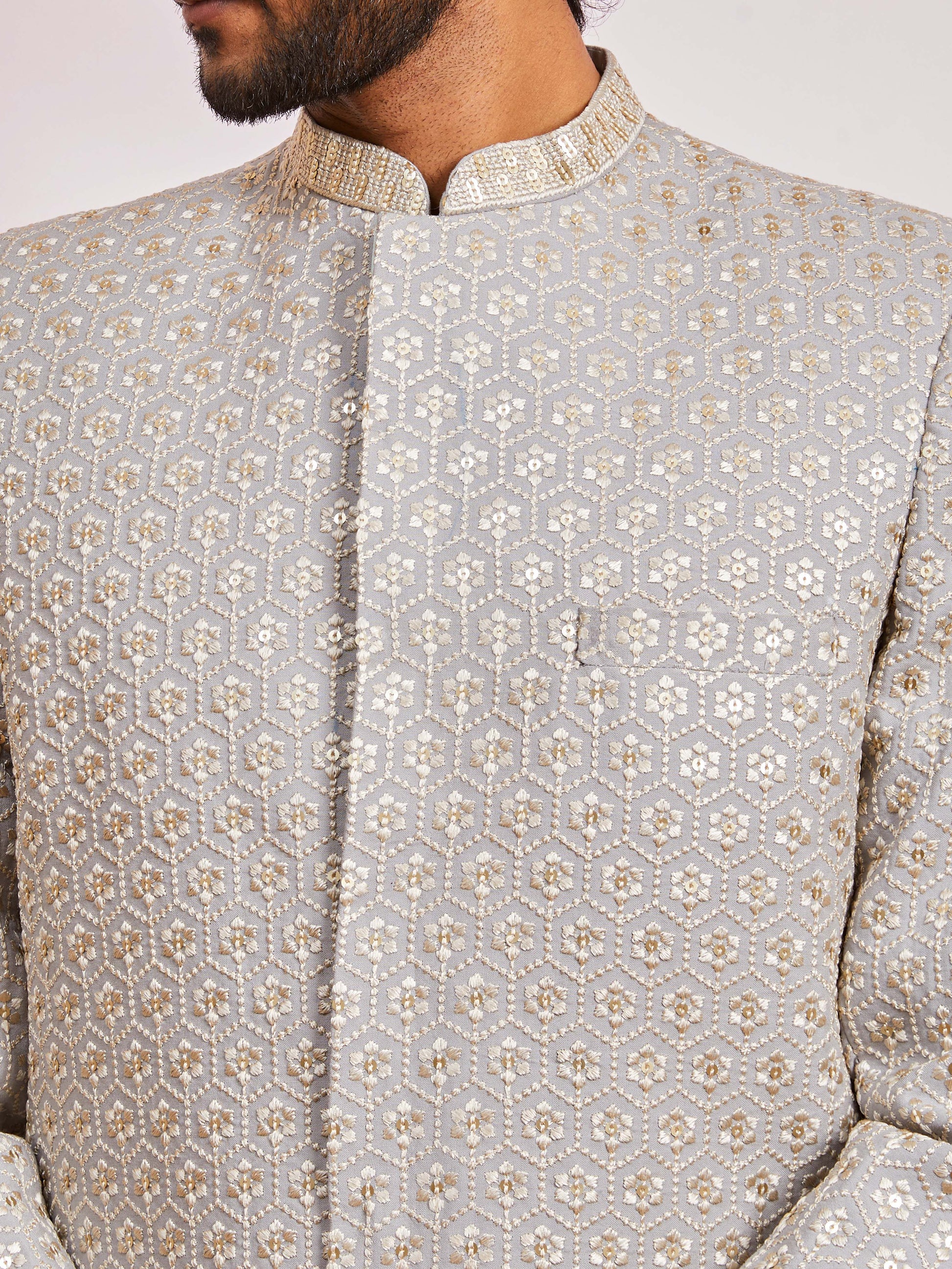 Grey Silk Blend Wedding Men's Indo Western Set