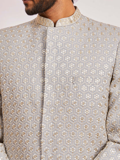 Grey Silk Blend Wedding Men's Indo Western Set