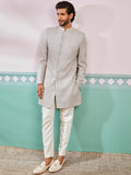 Grey Silk Blend Wedding Men's Indo Western Set