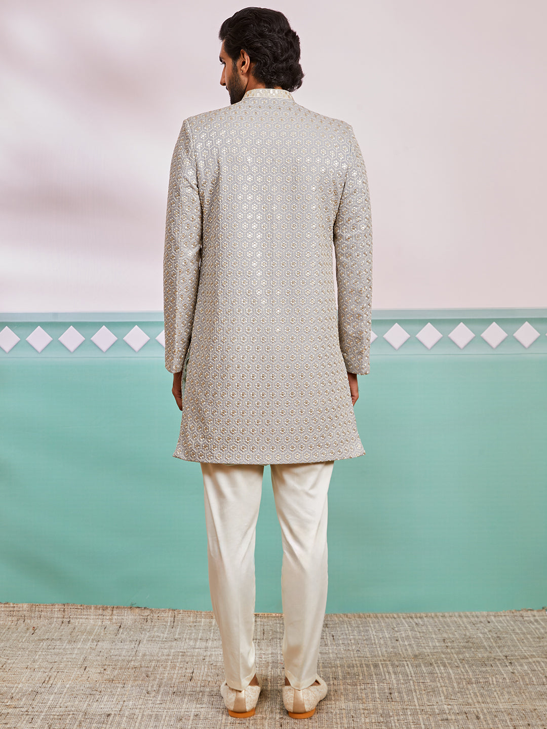 Grey Silk Blend Wedding Men's Indo Western Set