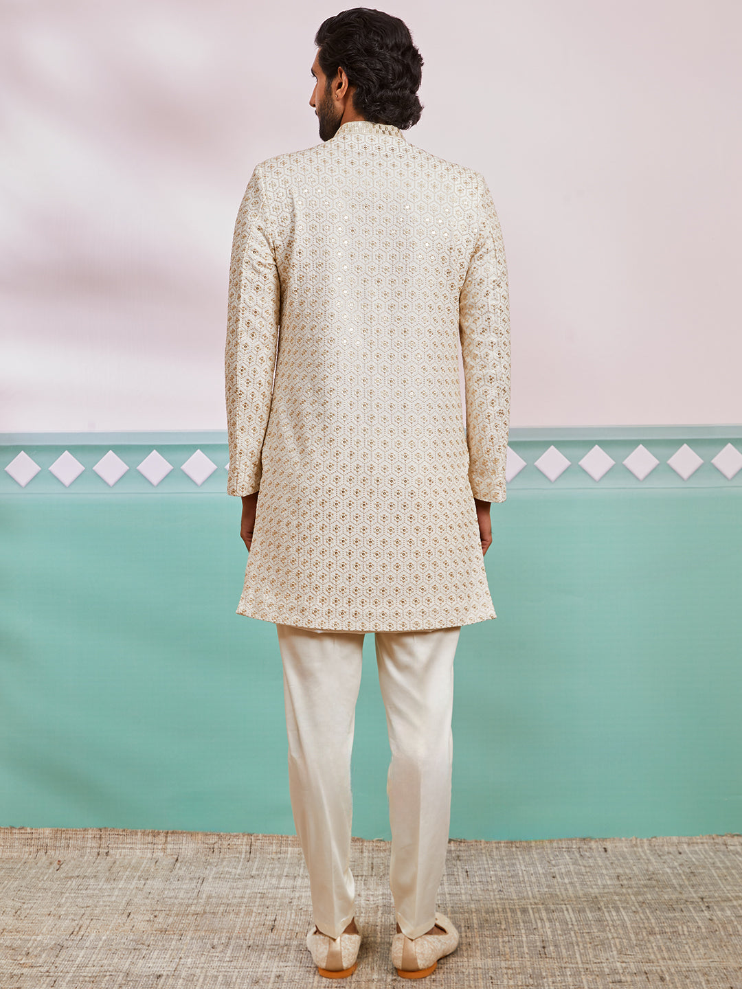 Off White Silk Blend Wedding Men's Indo Western Set