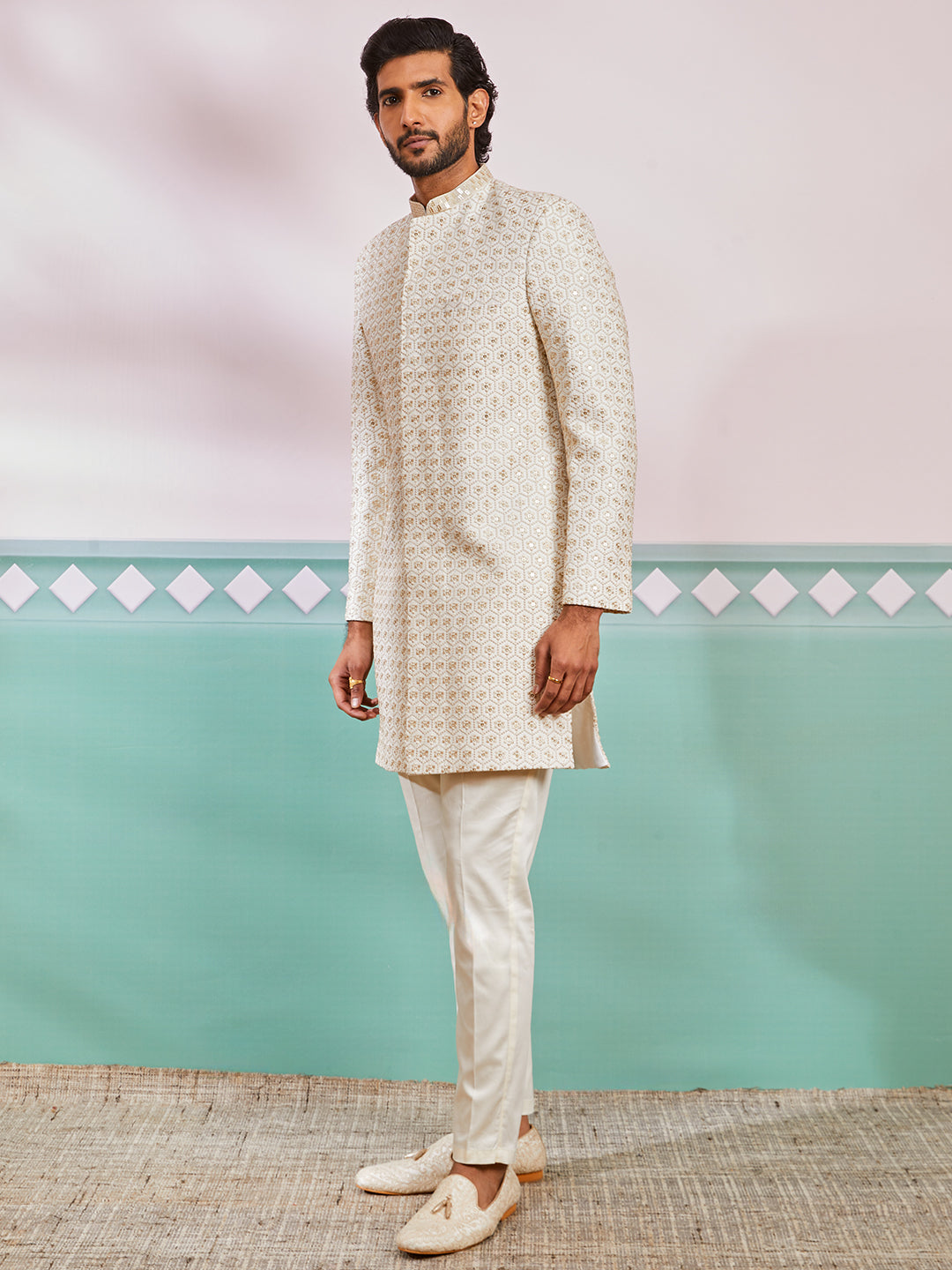 Off White Silk Blend Wedding Men's Indo Western Set